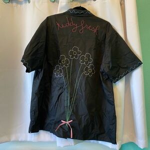 fresh Black Bowling Shirt with Blue and Pink Stitching